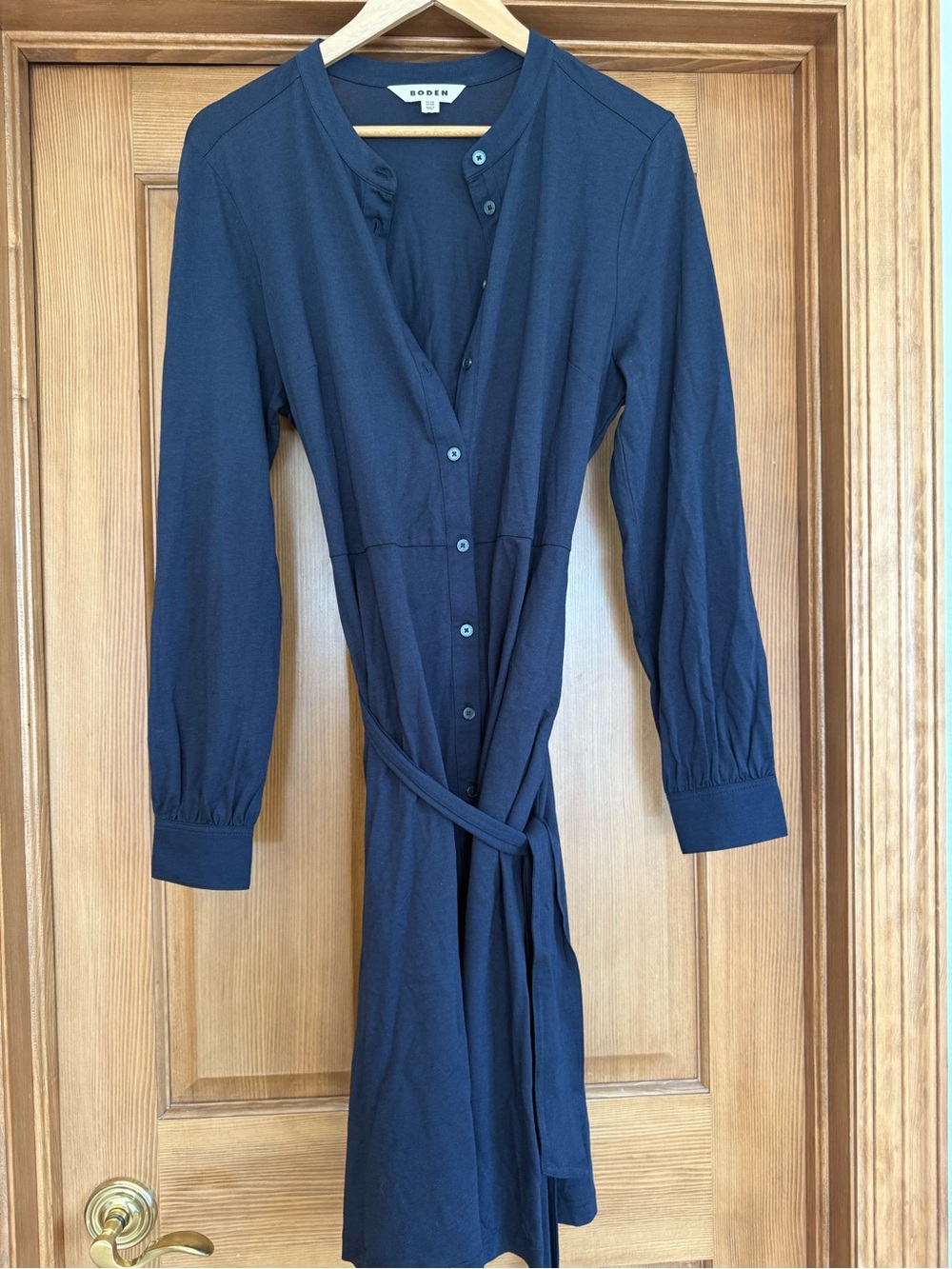 Boden Navy Button-Front Long-Sleeve Shirt Dress with Waist Tie